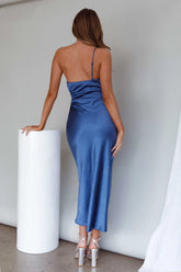 Taking Bets One Shoulder Satin Midi Dress Navy